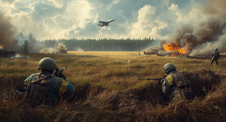 Obraz premium War torn front lines. Soldiers and tanks holding the line.