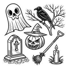 Naklejka premium Halloween Icons Black And White Sketch ghost