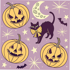 Fototapeta premium Halloween pumpkins black cat moon and stars pattern