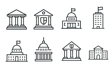 Outline vector icons of government buildings: courthouse, museum, capitol, office — set of modern line style icons, transparent background.  