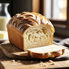 Sliced artisan bread loaf with golden crust on wooden board, natural lighting, cozy kitchen background, concept of homemade baking comfort