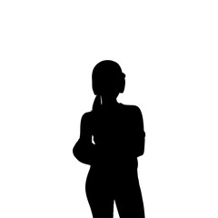 A bold, impactful silhouette of a woman, likely a businesswoman, standing thoughtfully, arms crossed, and looking upward against a plain white backdrop.