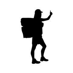 A bold, black silhouette of a female hiker, confidently giving a thumbs-up gesture, suggests a positive and successful outdoor adventure.