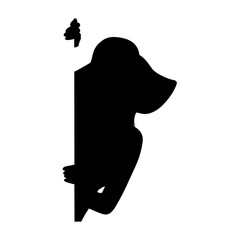 A bold, black silhouette of a woman peering around a corner against a plain white background.