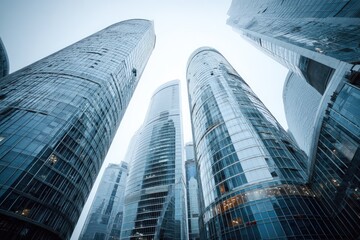 Modern skyscrapers reflecting sky in urban cityscape