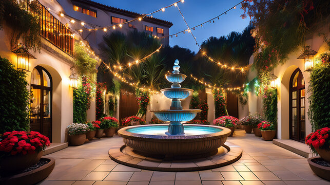 Enchanting courtyard at dusk illuminated by string lights and a fountain