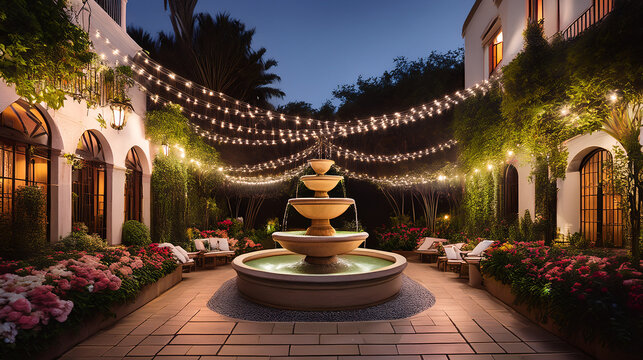 Enchanting courtyard with fountain and string lights at dusk - Powered by Adobe