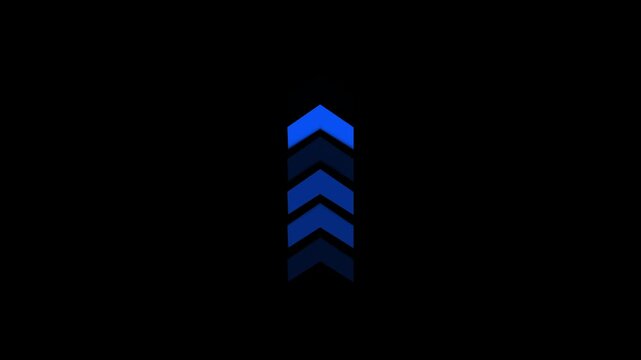Vertical Stack of Blue Chevron Arrows Pointing Up on Black Background upward direction