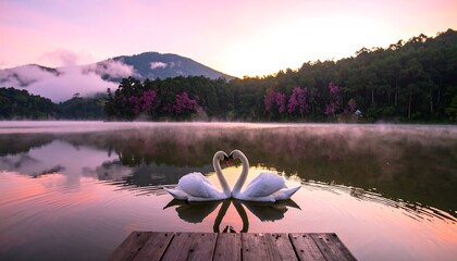 Two swans in a tranquil lake at dawn