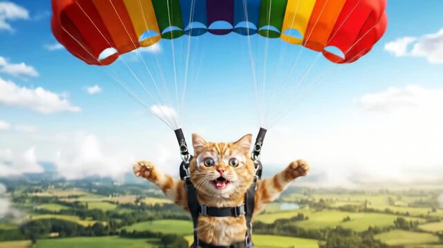 Joyful Cat Skydiving with Colorful Parachute - An orange tabby cat wearing goggles smiles excitedly while skydiving with a rainbow parachute, arms outstretched against a bright blue sky with fluffy