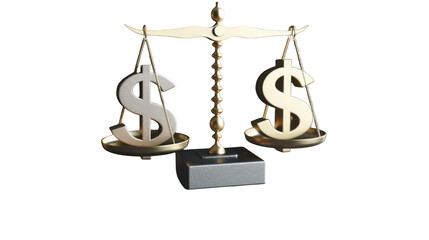 A balanced scale with two dollar signs on each side, symbolizing financial balance and equality, isolated on transparent background