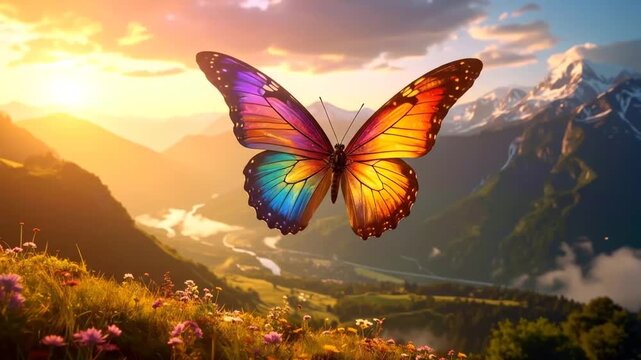 Colorful Butterfly Flying Over Mountain Meadow at Sunset