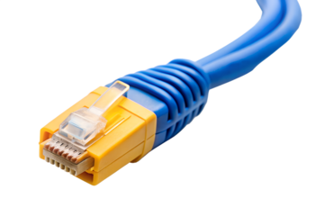 Closeup of a blue ethernet cable connector isolated on transparent background, a network connection for computer and internet use