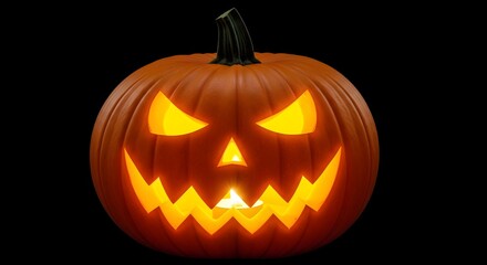 Fototapeta premium A classic carved halloween pumpkin with a menacing, glowing face, illuminated from within, set against a stark black background, symbolizing the spirit of the holiday and spooky traditions