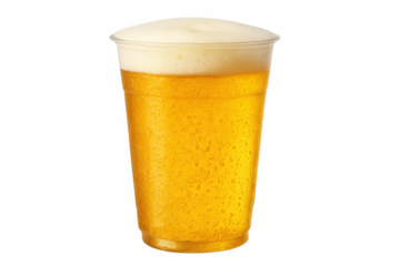 Golden beer overflowing in plastic cup, white foam topping, transparent backdrop highlighting crisp beverage