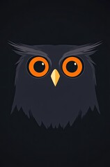 Owl in the dark with orange eyes, against a black background