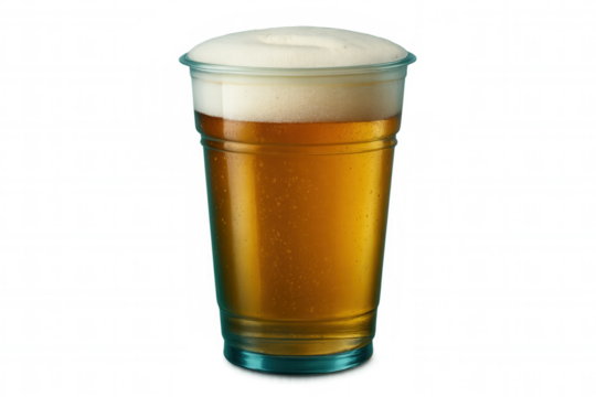 Golden beer spilling from overfilled plastic cup, creating foamy white head against transparent backdrop