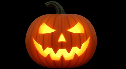 Fototapeta premium A single, carved halloween jackolantern with a menacing, glowing face, isolated on a black background, symbolizing the spirit of the holiday