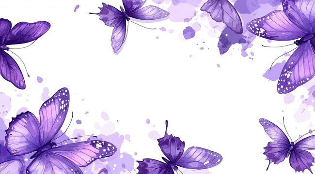 Purple butterflies border a white background in this vector illustration with space for text