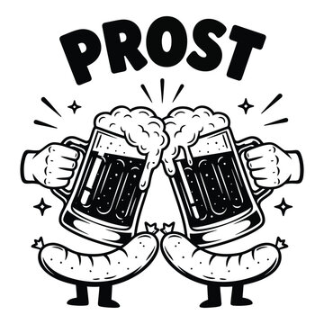 Vector art of two hands are holding beer mugs with sausages isolated on white background with the word prost