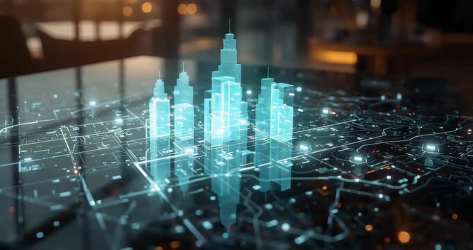 Powering holographic city grid rising from glass desk at office, with glowing skyscraper models - Powered by Adobe