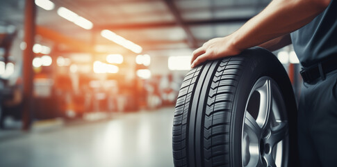Professional mechanic inspecting car tire tread in modern automotive service garage. Perfect for tire service marketing, auto repair promotions, and automotive maintenance advertising campaigns.