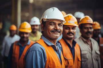 A Confident Indian Male Construction Worker Smiling, Portraying Professionalism and Safety in the Workplace. Ideal for corporate presentations on industrial safety, human resources content, or labor.