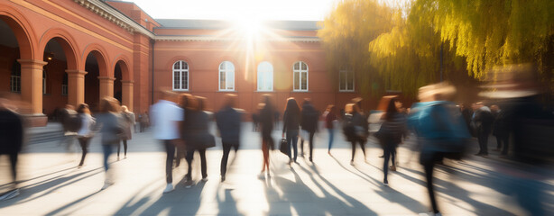 Busy College Students in Motion Walking on a Sunny Campus. Academic and social life concept for university websites, student-focused campaigns, or educational publications.