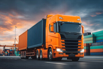 Orange semi-truck hauling shipping container at port terminal during dramatic sunset. Ideal for international trade, logistics marketing, and global supply chain presentations.