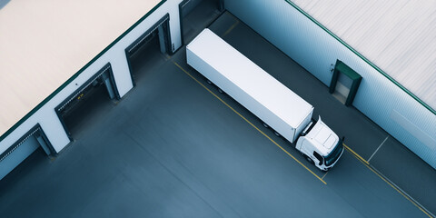 Aerial view of white semi-truck at modern warehouse loading dock. Perfect for logistics, supply chain management, and freight transportation business presentations.