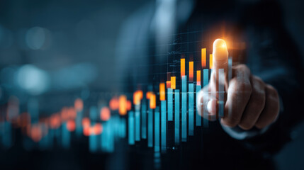 Business professional interacts with digital financial graph, showcasing growth and data analysis. vibrant colors of bars represent various metrics, conveying sense of progress and innovation