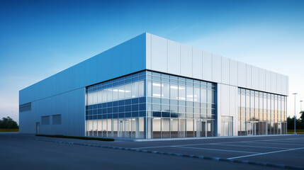 Modern warehouse and office building exterior with white metal cladding and glass facade. Industrial commercial property for real estate, logistics, and architecture projects.