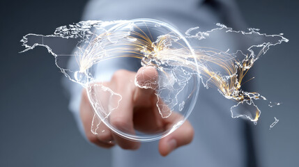 Person interacts with digital globe, showcasing global connectivity through illuminated lines representing data flow and communication. This symbolizes technology, innovation, and international
