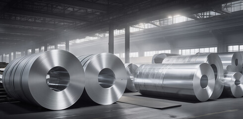 Huge industrial metal coils. Large rolls of aluminum or steel stored in a factory warehouse for manufacturing, heavy industry, or recycling topics.