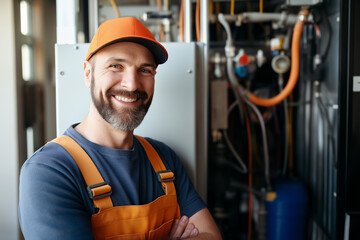 Service repairman smiling. A professional technician for HVAC, plumbing, or heating system repair.