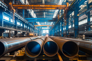 Large steel pipes on a production line in a heavy industry factory. Excellent for concepts of manufacturing, industrial engineering, and infrastructure.