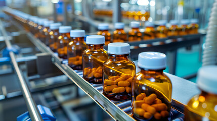 Pharmaceutical production line with medicine bottles moving on a conveyor belt. Perfect for concepts of healthcare, manufacturing, and pharmaceutical industry.