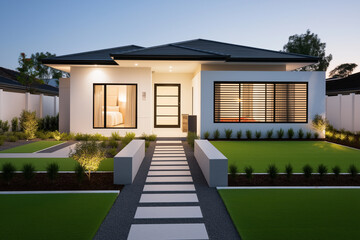 Modern minimalist home with clean lines and manicured front lawn at dusk. Ideal for real estate listings, architectural design blogs, and property investment articles.