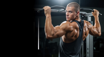 Muscular man doing pull-ups in a dark gym. Strong athlete with a powerful back during a fitness workout. Copy space for text.