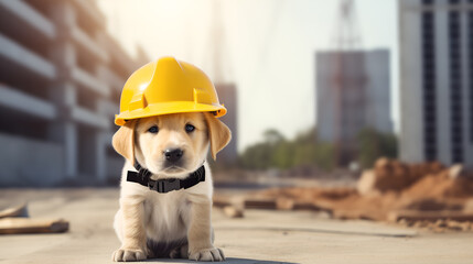 Cute puppy wearing a yellow hard hat on a construction site. Great for concepts of safety, growth, or construction-related humor.