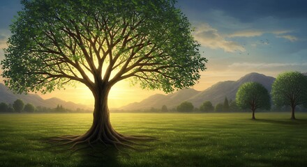 Sunrise landscape with a majestic tree