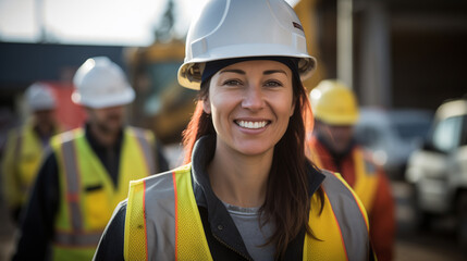 Confident female construction worker. A happy and smiling woman in a hard hat and safety vest on a job site.