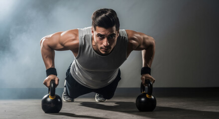 A strong muscular man doing push-ups on kettlebells in a gym. Intense crossfit workout for strength and determination.
