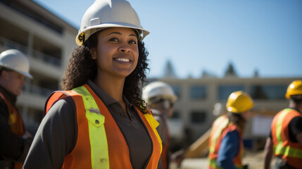 Happy female construction worker smiling confidently on a building site. Perfect for concepts of career success, women in skilled trades, and job satisfaction.