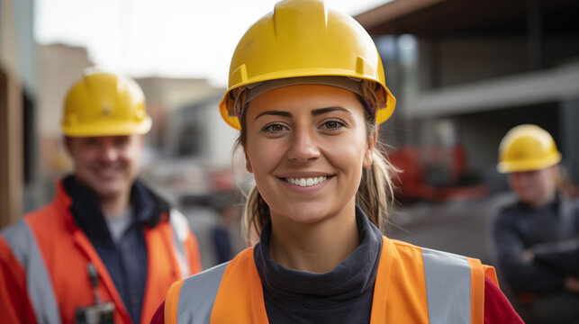 Confident young female construction worker smiling at building site with team. Woman engineer in yellow hard hat and high-visibility vest for gender equality campaigns, construction recruitment, and w