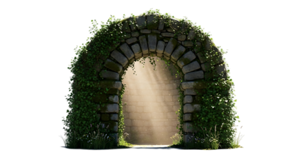 Ancient stone archway covered in green moss isolated on transparent background