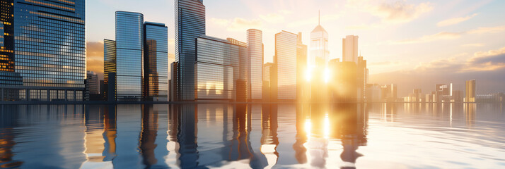 Modern city skyline with glass skyscrapers reflecting in the water at sunrise. Perfect for real estate, business, and financial presentations.