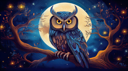 Obraz premium Majestic owl perched on a branch under a full moon