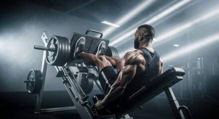A muscular man performs a heavy leg press exercise in a dark gym. Strong athlete focused on strength training and bodybuilding.