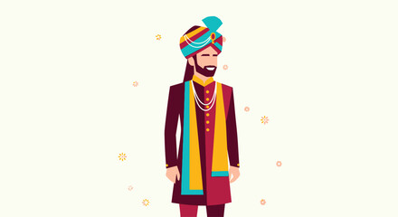 Indian Groom in Traditional Wedding Attire Illustration.